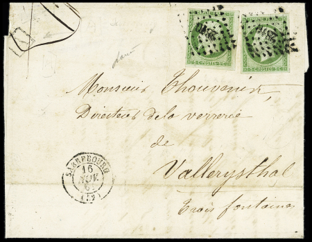 N°12, 5 vert, 2 pièces, OBL PC 2810 + T15 "Sarrebourg (52)" (1861) sur lettre locale pour Vallerysthal. TB