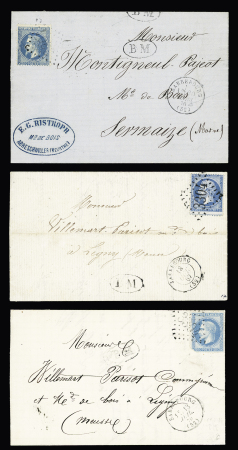 3 lettres AFF n°22 (1) et n°29 (2) OBL GC 3304 + T16 "Sarrebourg (52)" + "BM" dans un ovale d'Abreschviller. TB