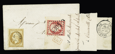 2 lettres, dont un faire-part de deuil OBL CAD T15 "Sarrebourg" et 1 fragment avec bande partielle AFF n°24 OBL GC 3304 + T15 "Sarrebourg" (1866) et 1 lettre AFF n°21 en paire OBL GC 3304