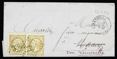 2 lettres, dont un faire-part de deuil OBL CAD T15 "Sarrebourg" et 1 fragment avec bande partielle AFF n°24 OBL GC 3304 + T15 "Sarrebourg" (1866) et 1 lettre AFF n°21 en paire OBL GC 3304