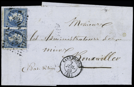 N°22 en paire OBL GC 3304 + T15 "Sarrebourg (52)" (1863) sur lettre pour Bouxwiller (Bas-Rhin). TB