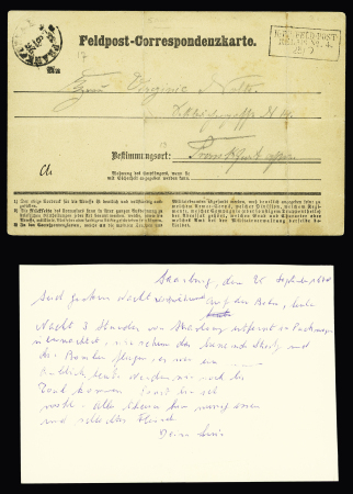 Feldpost - Correspondenzkarte datée de Sarrebourg avec CAD rectangulaire "K.PR feld-post relais n°4" adressée à Francfort. TB