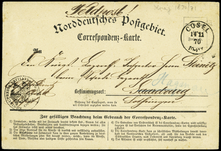 Norddeutsches Postgebiet Feldpost-Correspondenzkarte avec CAD "Cossel" (14.11.70) adressée à Sarrebourg. TB