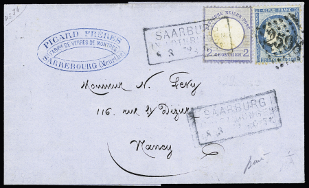N°60 OBL GC 2598 + Allemagne n°17 OBL CAD rectangulaire "Saarburg in Lothringen" sur lettre.