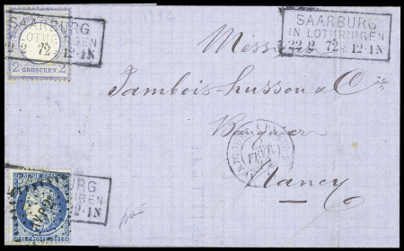 N°60 OBL losange de points ambulant "AVP 2°" + Allemagne n°17 OBL CAD rectangulaire " "Saarburg in Lothringen 22.2.72" sur lettre. TB
