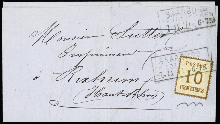 Alsace n°5 OBL CAD rectangulaire "Saarburg in Lothringen 7.11.71" sur lettre pour Rixheim (Haut-Rhin). TB