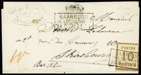 Alsace n°5 OBL CAD rectangulaire "Saarburg in Lothringen 24.671" sur lettre. TB
