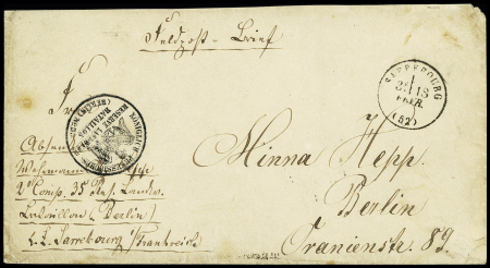 Lettre militaire allemande en franchise pour Berlin avec cachet noir avec aigle "Königlich preussisches reserve landwehr bataillon Berlin n°35" + CAD T16 "Sarrebourg (52) (18 fevr - sans millésime 71). TB