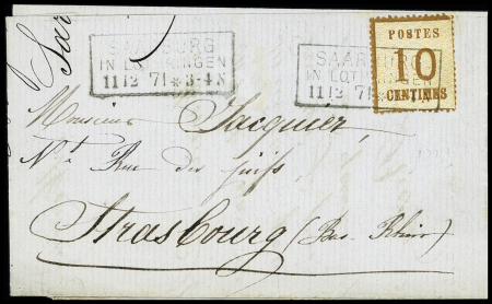 Alsace n°5 OBL CAD rectangulaire "Saarburg in Lothringen (11.12.71)" répété à côté sur lettre pour Strasbourg
