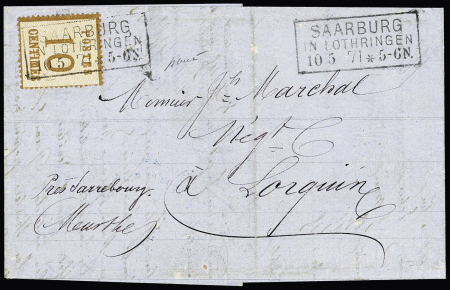 Alsace n°5 OBL CAD rectangulaire "Saarburg in Lothringen (10.5.71) sur lettre pour Lorquin par Sarrebourg. TB