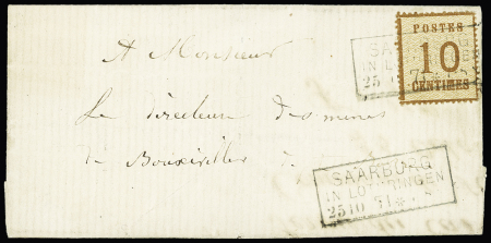 Alsace n°5 OBL CAD rectangulaire "Saarburg in Lothringen (25.10.71) répété à côté sur lettre pour Bouxwiller avec CAD allemand d'arrivée "Buchsweiler" au verso