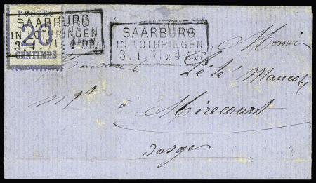 Alsace n°6 OBL CAD rectangulaire "Saarburg in Lothringen" (3.4.71) répété à côté sur lettre pour Mirecourt (Vosges). TB