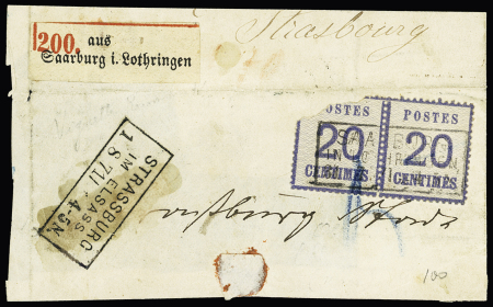 Alsacen°6 en paire (1 ex déchiré) OBL CAD rectangulaire "Saarburg in Lothringen " (30.7.71) sur lettre recommandée incomplète avec CAD rectangulaire d'arrivée de Strasbourg. Rare