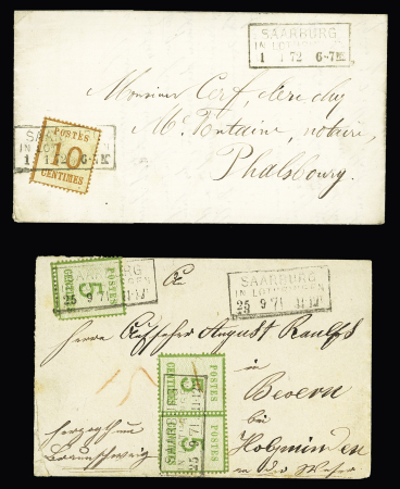 2 lettres l'une AFF Alsace n°5 pour Phalsbourg l'autre AFF Alsace n°4, 3 pièces, pour Holzminden (Prusse) toutes deux OBL CAD rectangulaire "Saarburg in Lothringen" (30.7.71)". Bel ensemble.
