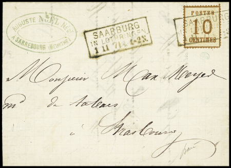 Alsace n°5 OBL CAD rectangulaire "Saarburg in Lothringen " (1.11.71) répété à côté sur lettre pour Strasbourg. TB