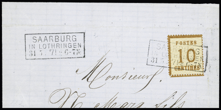 Alsace n°5 OBL CAD rectangulaire "Saarburg in Lothringen " (31.5.71) sur lettre incomplète pour Strasbourg. TB