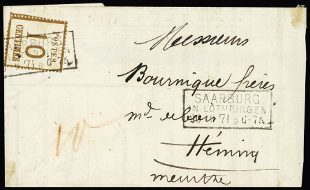 Alsace n°5 OBL CAD rectangulaire "Saarburg  in Lothringen" (20.9.71) répété à côté sur lettre pour Héming. TB