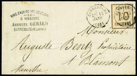 Alsace n°5 OBL CAD type 16 "Sarrebourg (52)" (12 janv sans millésime) répété à côté sur lettre pour Blamont, certificat RHP. TB