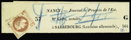 N°26, 2c empire lauré, sur bande à en-tête Journal "Le Progrès de l'Est" adessée à un notaire à Sarrebourg. TB