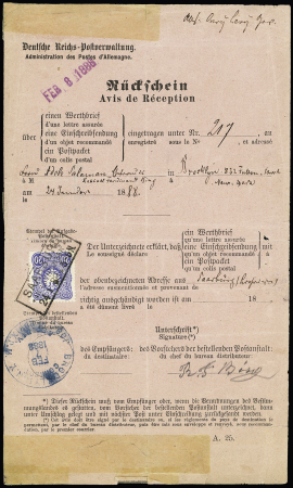 Allemagne n°39 OBL CAD rectangulaire "Saarburg  in Lothringen" (1888) sur avis de réception rose bilingue avec CAD US de Brooklyn. TB
