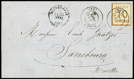 Alsace n°5 OBL CAD T17 "Nancy (52)" (24 janv - sans millésime 71) sur lettre pour Sarrebourg avec CAD d'arrivée T16 Sarrebourg transparaissant au recto. TB