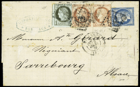 N°50 + 51 en paire + 60 OBL GC 532 + T17 Bordeaux (1876) sur lettre pour Sarrebourg avec au verso CAD rectangulaire d'arrivée "Saarburg  in Lothringen" 9.3.76"