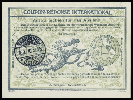 Coupon-réponse international d'Allemagne avec CAD à pont "Saarburg (Lothr)" (1910). TB
