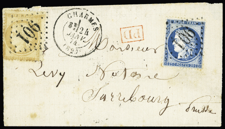 N°59 + 60 OBL GC 901 + T17 "Charmes (52)" (24 janv 74) sur lettre pour Sarrebourg avec bureau de passe 2598 + CAD rectangulaire "Saarburg  in Lothringen" (25.1.74). TB
