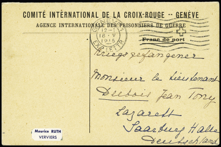 Carte double du Comité international de la Croix-Rouge de Genève adressée à un prisonnier français au Lazaret de Sarrebourg (1915). TB