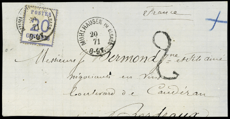 Alsace n°6 OBL CAD "Mulhausen im Elsass" (1871) répété à côté sur devant de lettre. TB