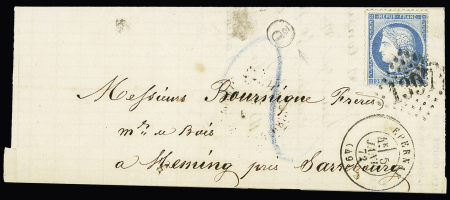N°60 OBL GC 1397 + T17 "Epernay (49)" (5 janv 72) sur lettre avec boite supplémentaire "D2" de Magenta (Dizy) pour Heming près Sarrebourg avec taxe 2 au crayon bleu. TB