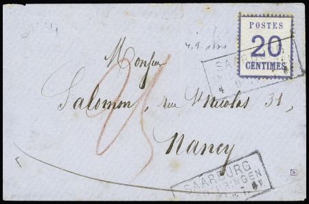 Alsace n°6 OBL CAD rectangulaire "Saarburg  in Lothringen" (4.9.71) sur lettre pour Nancy avec taxe 25 au crayon rouge