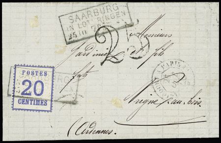 Alsace n°6 OBL CAD rectangulaire "Saarburg  in Lothringen" (25.10.71) sur lettre pour Vrigne aux Bois (Ardennes) avec taxe 25 double-trait en noir. TB