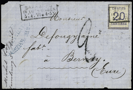 Alsace n°6 OBL CAD rectangulaire "Saarburg  in Lothringen" (5.4.71 - avec point entre le jour, le mois et l'année) sur devant de lettre avec taxe tampon façon manuscrite. TB