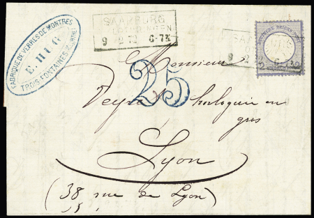 Allemagne n°5 OBL CAD rectangulaire "Saarburg  in Lothringen" (9.2.72) sur lettre pour Lyon avec taxe 25 double-trait en bleu