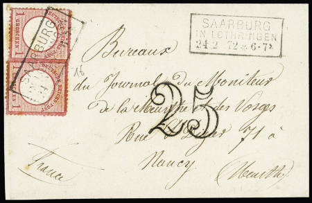 Allemagne n°4, 2 pièces, OBL CAD "Saarburg  in Lothringen" (24.2.72) sur lettre pour Nancy avec taxe 25 double-trait en noir. TB
