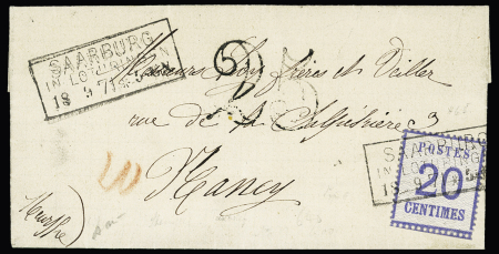 Alsace n°6 OBL CAD rectangulaire "Saarburg  in Lothringen" (18.9.71) sur lettre pour Nancy avec taxe 25 double-trait en noir. TB