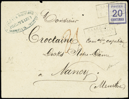 Alsace n°6 OBL CAD rectangulaire "Saarburg  in Lothringen" (7.9.71) répété à côté sur lettre pour Nancy avec taxe 25 au crayon rouge. B/TB