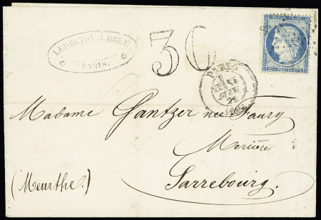 N°37 OBL étoile muette + CAD "Paris (60)" (juin 1871) sur lettre pour Sarrebourg avec taxe 30 double-trait en noir et au verso CAD rectangulaire "Saarburg  in Lothringen" (19 - 71 sans le mois). TB