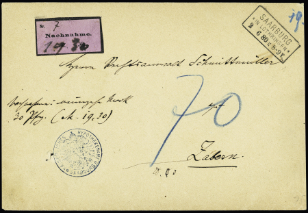 Lettre avec CAD rect "Saarburg  in Lothringen" (2 - 6-80 - espace entre le 2 et le 6) + cachet bleu avec aigle "Kaiserliches hypotekenamt - Saarburg" et étiquette lilas "Nachnahme". TB