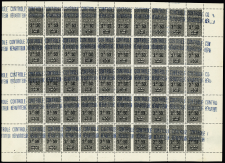 N°19 Feuille de 50 timbres avec surch. décalées (rangées 5 et 6) et ND entre 2 timbres (rangées vert. 6 et 7) point après F plus haut (10ème rangée) Seule feuille connue à ce jour