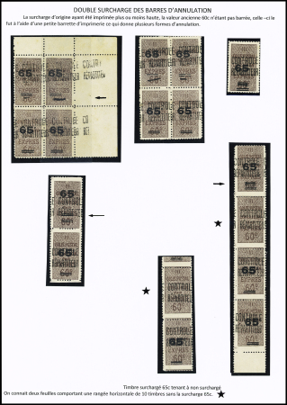 N°15A et 15, Ensemble sur 3 pages : 1 timbre N° 15A, 1 ND, 46 timbres N° 15 dont : surch. déplacée, 65o au lieu de 65c, ND, barre inférieure épaisse , double surch. des barres, 2 blocs de 4 avec double surch. des