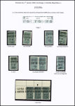 N°28, Ensemble sur 3 pages de 53 timbres dont type 1: ND, pli accordéon , surch. déplacée, 5 cassé, surcharges décalées, double surch. dont une en diagonale f plus haut, (plus haut, surcharge large tenant à étro
