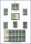 N°28, Ensemble sur 3 pages de 53 timbres dont type 1: ND, pli accordéon , surch. déplacée, 5 cassé, surcharges décalées, double surch. dont une en diagonale f plus haut, (plus haut, surcharge large tenant à étro