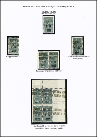 N°31,  Ensemble de 9 timbres dont F rapproché du 1, double surcharge des barres, surcharge large tenant à étroite, bloc de 4 avec 1F 1 provoqué par la cassure des chiffres 60 . R.R.R. 2 pièces connues à ce jour (
