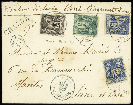 N°75 + 90, 2 pièces + 97 OBL CAD bleu "Paris St Mandé Paris" (1891) sur une petite letre chargée (VD 150 F). B/TB