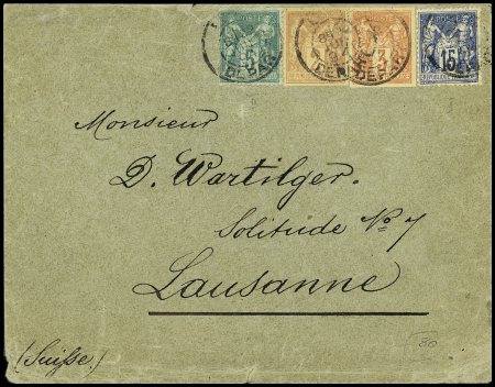 N°75 + 90 + 2 entiers découpés + 2c brun et 3c vermillon provenant de bandes de journaux et utilisés comme timbre-poste OBL Paris départ (1894) sur lettre. TB