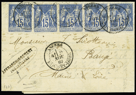 N°90 , bande de 5, OBL CAD T18 "Angers Maine et Loire" (1882) sur lettre avec griffe "affranchissement insuffisant". Annulée. TB