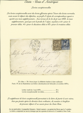 N°69 + 80 OBL CAD "Paris Pl de la Madeleine" (1878) sur lettre au tarif levée exceptionnelle 1er délai (35c + 25c) pour New-York. B/TB, RR