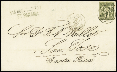 N°72, 1f olive OBL Paris (1880) seul sur lettre pour San José (Costa Rica) avec griffe "Via Southampton et Panama". TB
